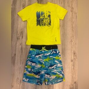 Kids Swim Set - Yellow and Blue Surf Tee with Shark Print Shorts